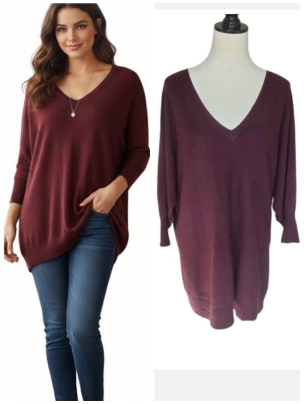 New York & Co. Long V-Neck Burgundy Tunic Sweater Women's Size XL